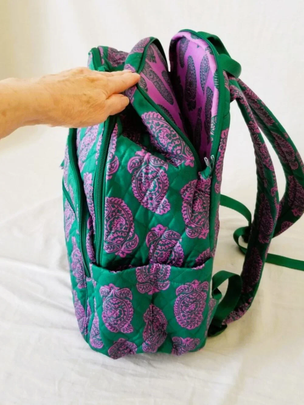 NWOT! Vera Bradley Green & Purple Paisley Quilted Backpack with Laptop Pocket